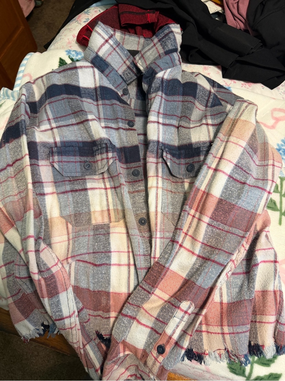 Plaid Button-Up Flannel Shirt Jacket in Pink and Blue